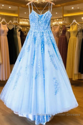 Spaghetti Straps Backless Blue Lace Semi Formal Prom Dresses, Open Back Blue Lace Formal Evening Dresses